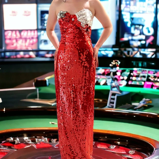 Vintage Strapless Red Velvet Sequin Beaded Long Evening Gown Party Dress