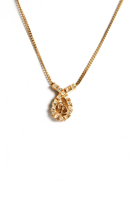Christian Dior Womens Gold Tone Vintage CD Crystals Pendant Necklace