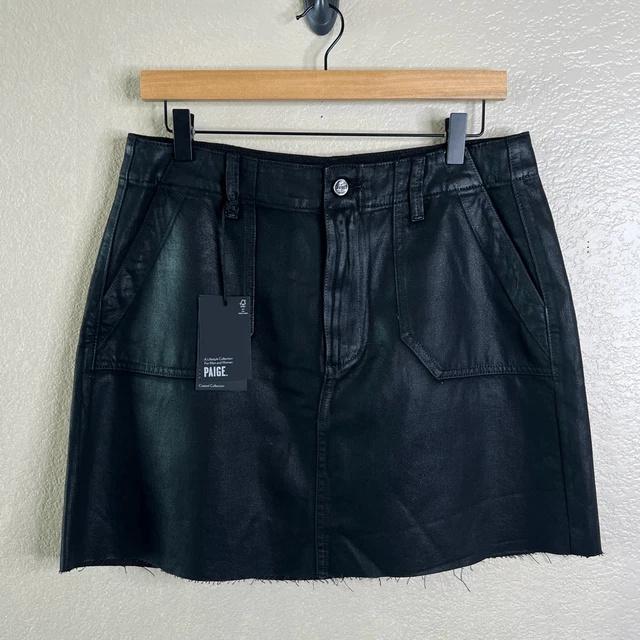 Paige Coated Denim Skirt Womens 30 Mayslie Utility Black Dark Oil Raw Hem Mini