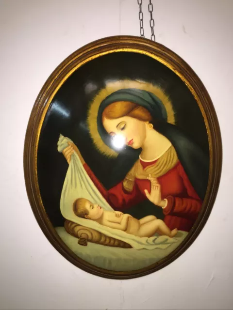 Quadro capezzale Madonna Del Velo barocco dipinto olio Su medaglione oro 40x50