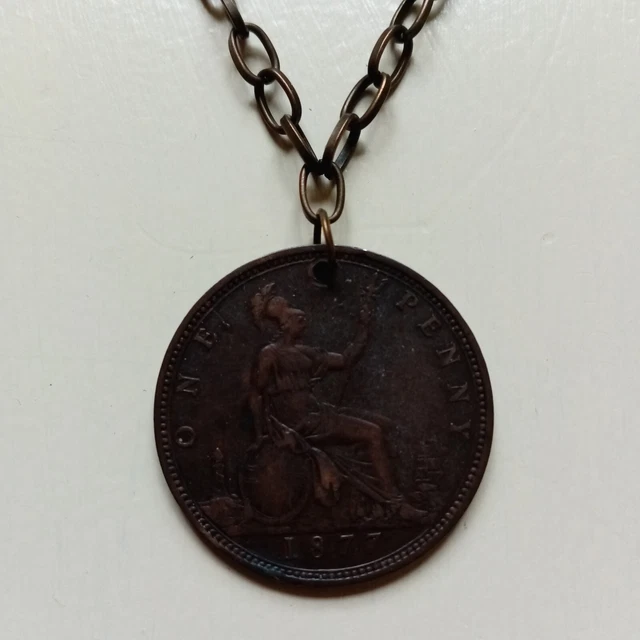 1877 Victorian Penny Pendant Necklace. 50 cm Chain with Lobster Clasp. Antique.