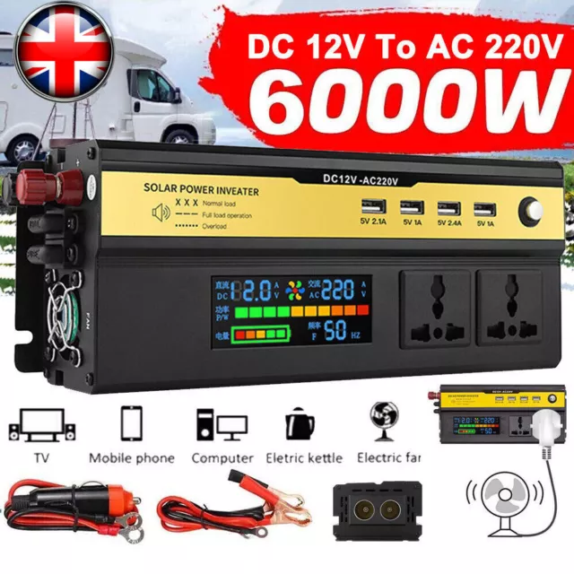 Car Power Inverter Converter DC 12V to AC 220V 4 USB 2 UK Socket Sine Wave 6000W