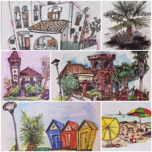 6x Láminas prints urbansketch watercolor acuarela 15x21cm ARTE beach walldeco