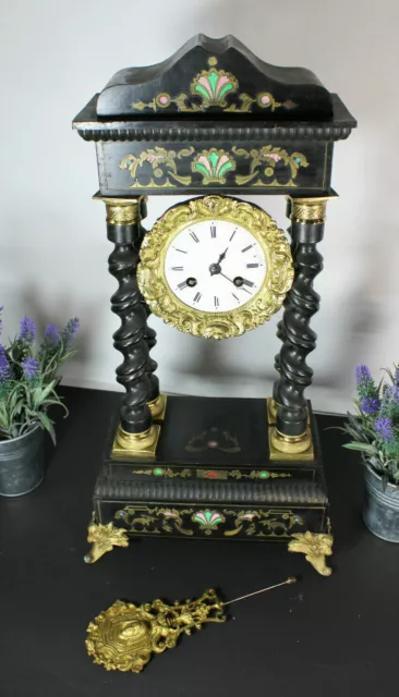 Antique French Napoleon III enamel inlay wood carved columns clock