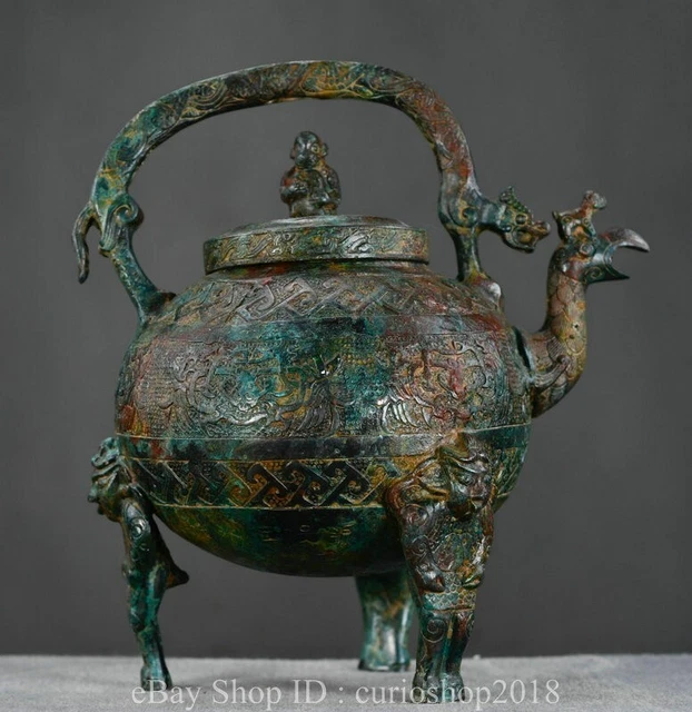 11.2 " Ancient China Bronze Ware Dynasty Phoenix Head Pot Jar Drinking Vessel