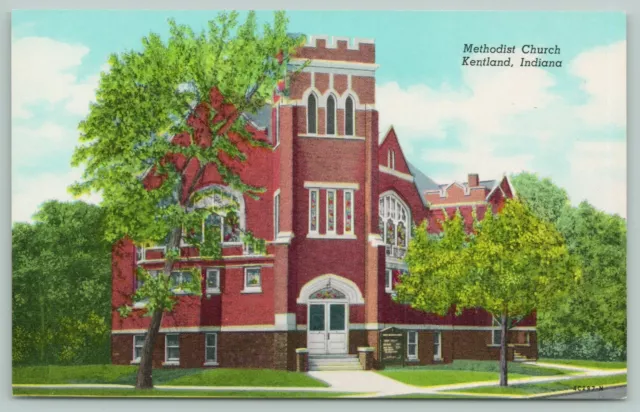 Kentland Indiana~Methodist Church~Stained Glass Windows~Sign in Front~1940s