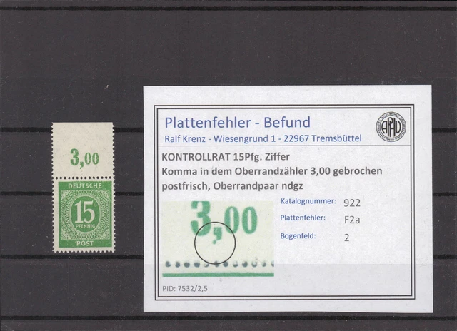 KONTROLLRAT 1947 PLATTENFEHLER Nr 922 F2a postfrisch (224028)