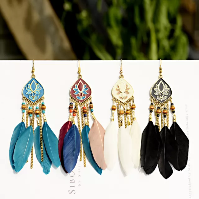 Fashion Bohemian Boho Ethnic Rainbow Color Feather Tassel  Women Dangle Earrings