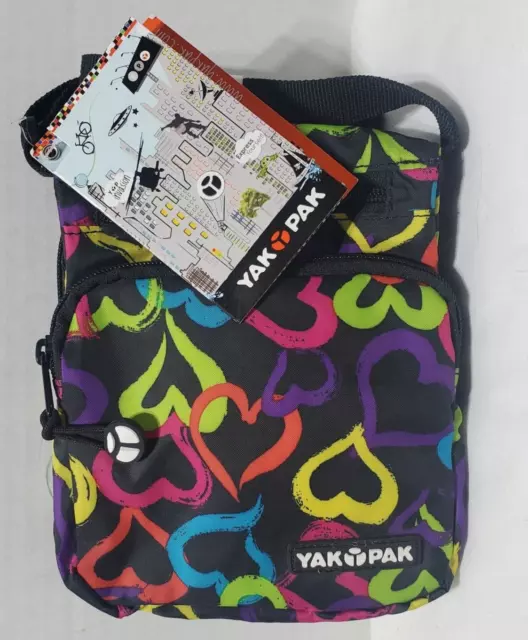 Yak Pak Crossbody Bag Multicolor Hearts 6.5" x 7.5" Long Strap Pockets NWT
