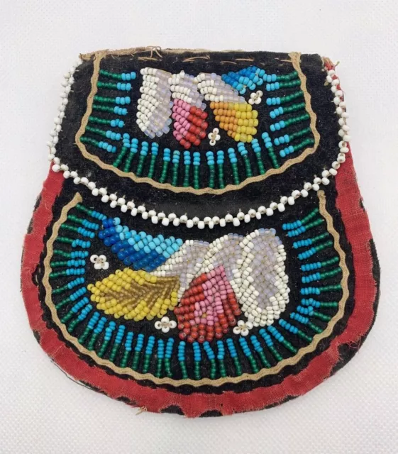 VTG Antique Native American Double Sided Beaded Purse Cloth Bag 5" X 5"