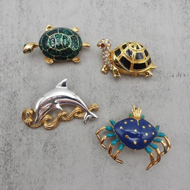Womens Brooch Pin Lot Of 4 Sea Animals Crab Turtles Dolphin Costume Jewelry