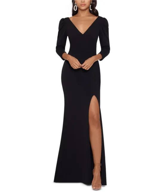 Betsy & Adam Womens Solid Puff-Sleeve V-Neck Gown Dress