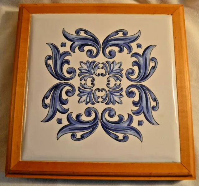 Vintage Blue & White Tile Hand Painted Delft Azu-Vi Spain Framed Trivet Wall Art
