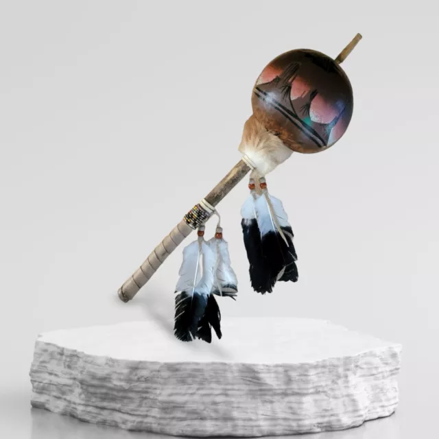 Hand Painted Ceremonial Dance Gourd Rattle By Native American Navajo Lacinda B.