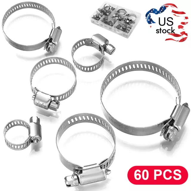 60 Pcs Adjustable Hose Clamps Worm Gear Stainless Steel Clamp Assortment 7 Sizes