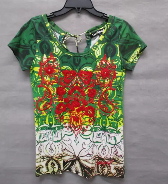 Desigual Shirt Womens Small Green Paisley Colorful Casual Embroidered Top Ladies