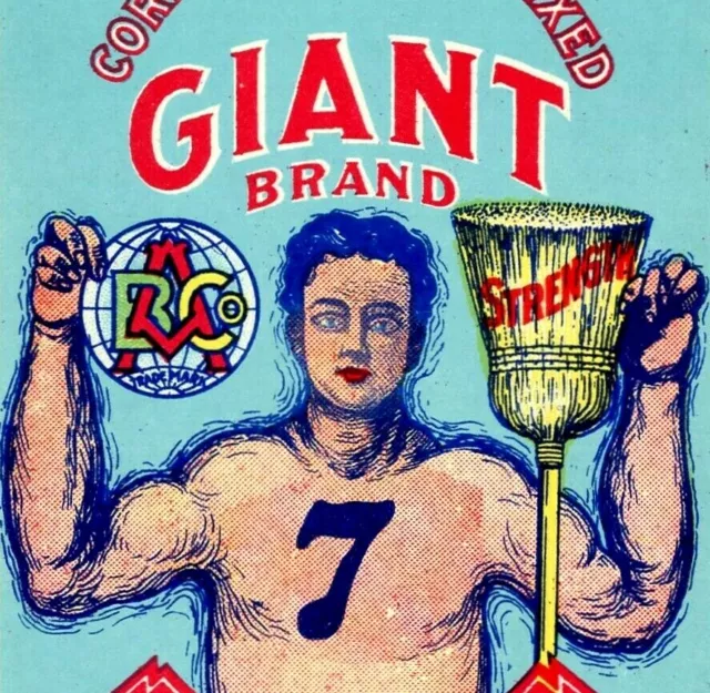 Vintage Giant Brand Broom Label Amsterdam Broom Co NY Strong Man