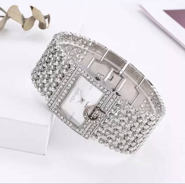 Luxury Casual Womens Square G Diamond Silver Bracelet chain Analogue Watch