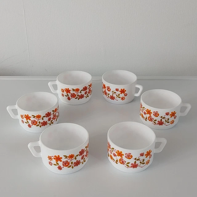 Lot De 6 Tasses Vintage Arcopal Françaises Avec Décor Fleurs Orange - Occasion