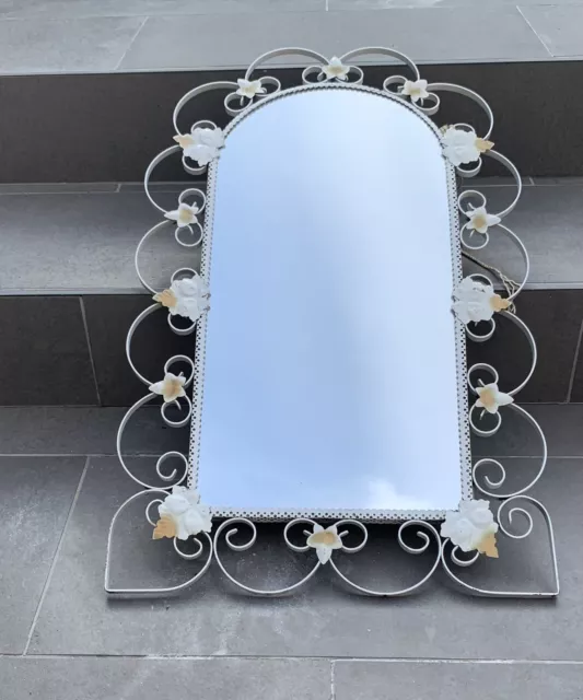 1950/1960 Shabby Chic Vintage Wall Mirror.  White  Metal With Leaves