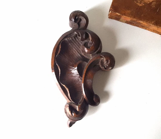 Scroll leaf wood carving pediment 13 in - Antique French salvaged architectural