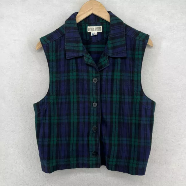 GOTCHA COVERED Vest Womens M Flannel Plaid Button Up Green USA VTG