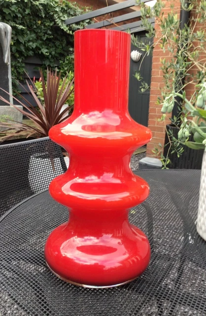 Huge Scandinavian modernist art studio cased glass hooped vase, hand blown.