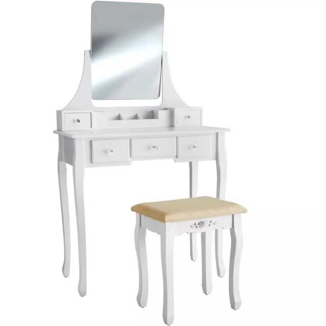 Coiffeuse Table de Maquillage Meuble Blanc avec Miroir et 5 Tiroirs + 1 Tabouret