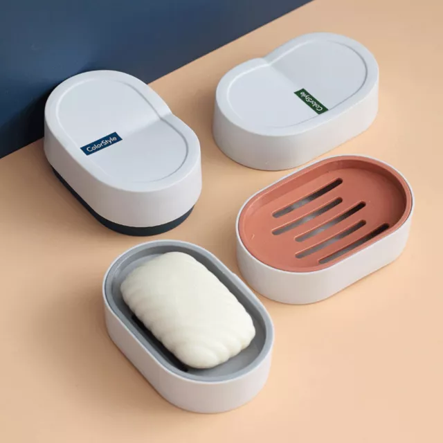 Drain Soap Dish Tray Holder Soap Box w/ Lid Bathroom Shower Storage Container