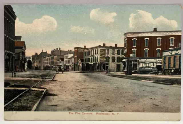 Street View, The Five Corners, Rochester, New York NY Vintage Postcard