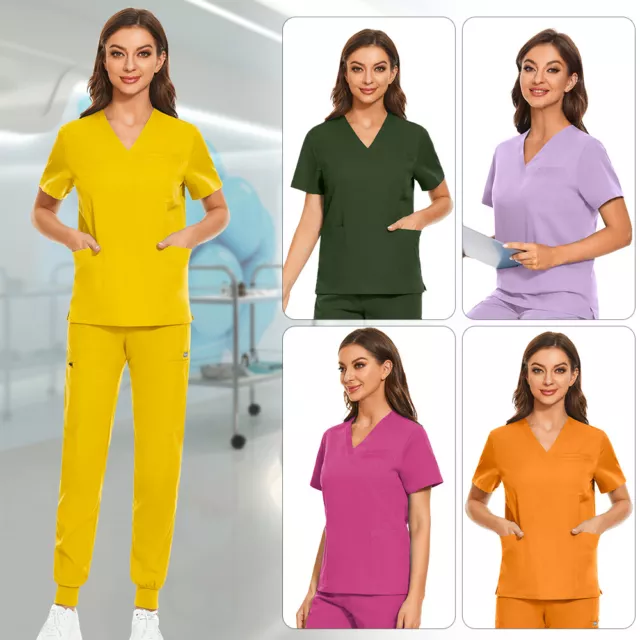 Unisex Stretch Nurse Uniform Scrub Set Men Women V-Neck Tops Yoga Jogger Pants