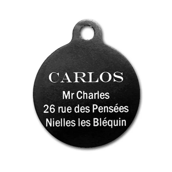 medaille pour chien gravée ronde 27 mm  marquage  au laser  sur alu  animaux