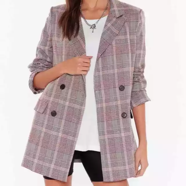 Nasty Gal Check Oversized Double Breasted Tailored Blazer NEW NWT Small Beige