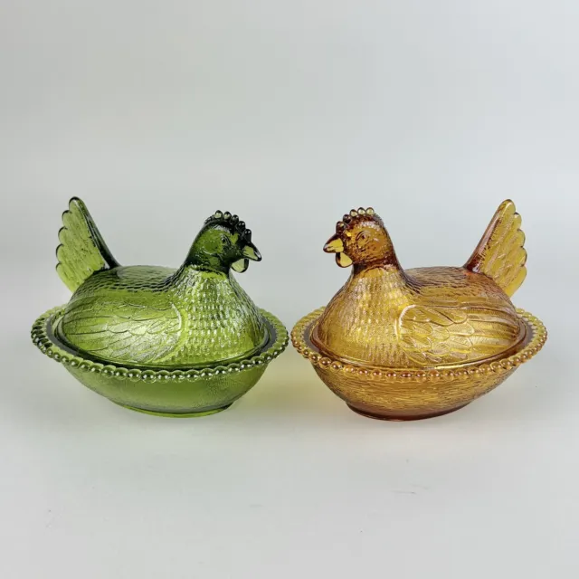 Pair Vintage Indiana Glass Hen On Nest - Honey Amber Orange & Green, 7” READ