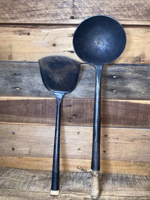 Pair Vintage Hand Forged Metal Primitive Ladle and Spatula