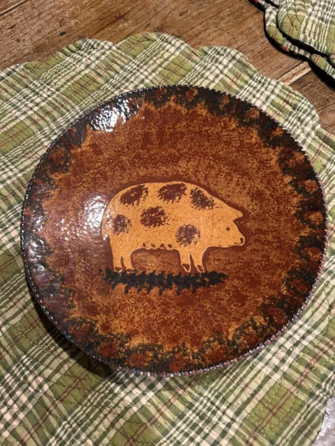 Signed Ned Foltz redware pottery Pig 9” plate ‘98 Vintage Unique