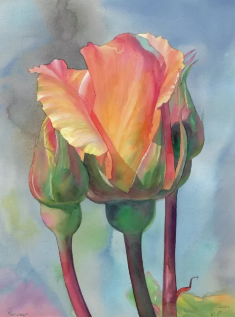 original painting 30 x 40 cm 40PV Art modern Realism Watercolor roses flowers