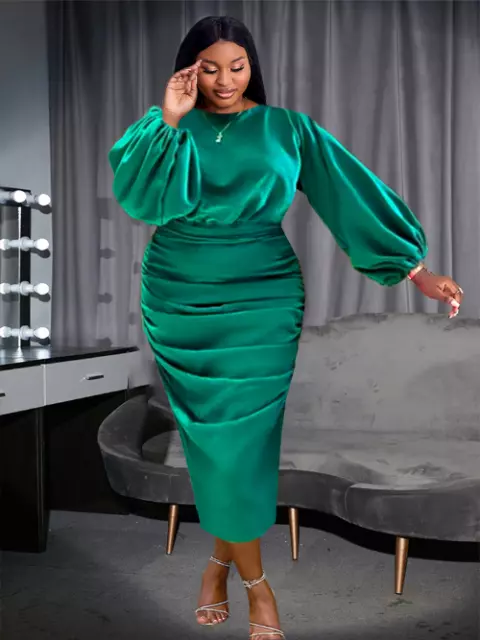 2023 Satin Long Dress Lantern Sleeve High Waist Soft Club Party Plus Size 2