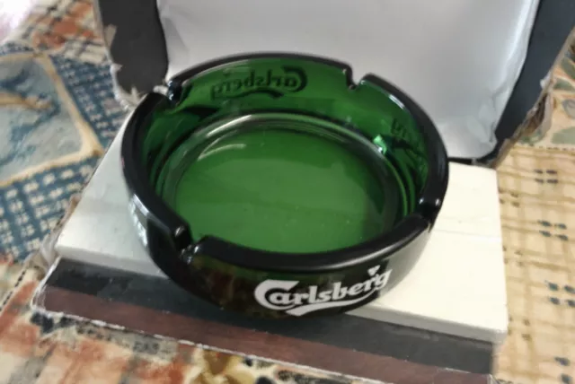 Carlsberg Beer Ashtray Vintage Original Green Glass White Decal, Pub Bar Mancave