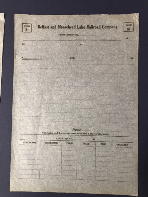 Belfast and Moosehead Lake Railroad Company Form31 Lot of (2) Blank forms