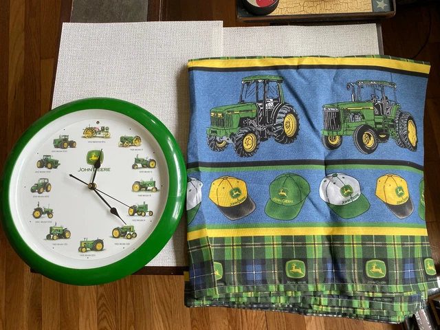 2 John Deere Collectables - Unused Shower Curtain & Clock w/Sound