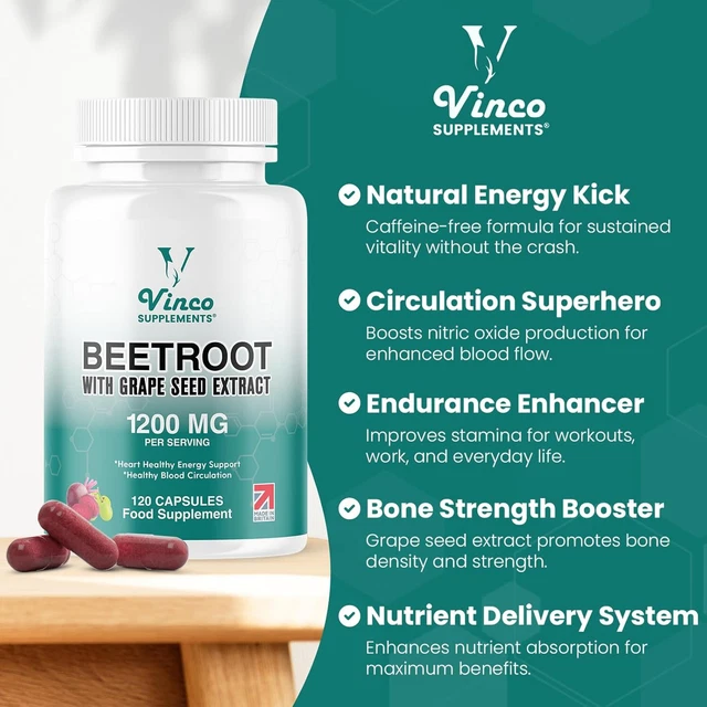 BEETROOT WITH GRAPE Seed Extract 1200mg serving 120 vegan Capsules