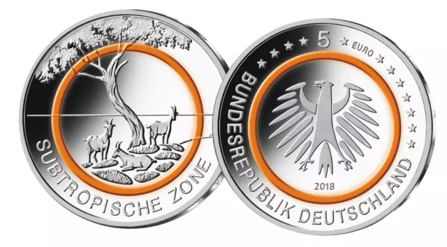 BRD 5 Euro Subtropische Zone 2018 Orangener Polymerring G Karlsruhe Sammlermünze