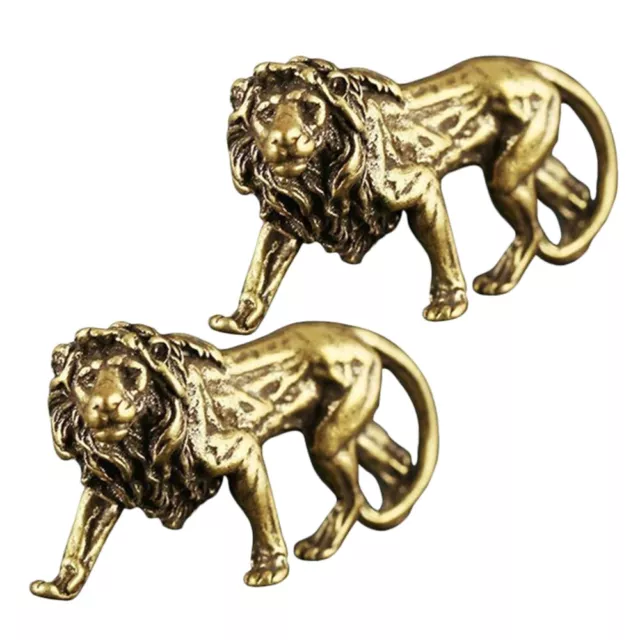 2 Pcs Gold Lion Statue Feng Shui Animal Figurines Ornament Decor Key