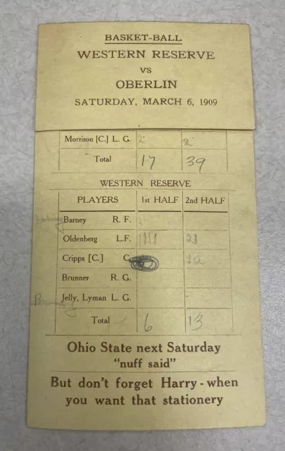 1909 Oberlin College Basketball Game Scorecard Program vs Western Reserve