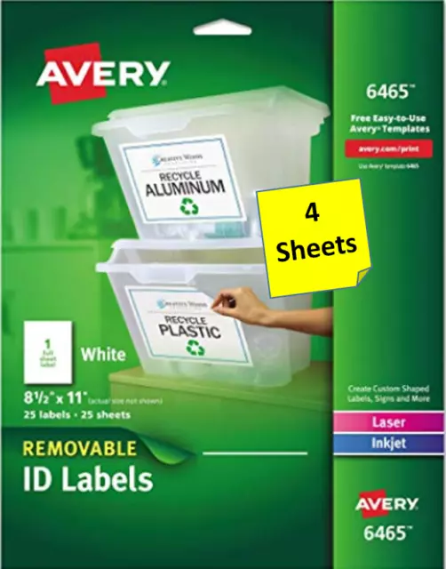 [4 Sheets] Avery 6465 Self-Adhesive Removable Laser/Inkjet ID Labels 8.5"x11"