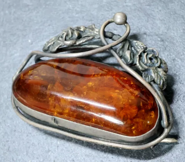 Alte 925 Silber Bernstein Brosche Anstecker Butterscotch Amber silver Jugendstil