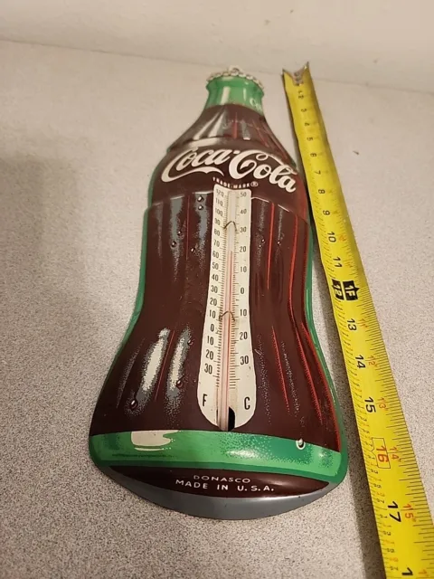 Vtg DONASCO MADE IN U.S.A. Coca Cola Bottle Embossed Tin Metal Thermometer Sign