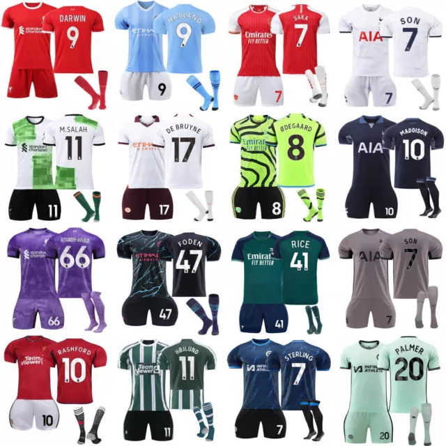 2023/24 Kids Foot Full Kits Boy Girls Sports Ball Strip Shirt Shorts Socks Q