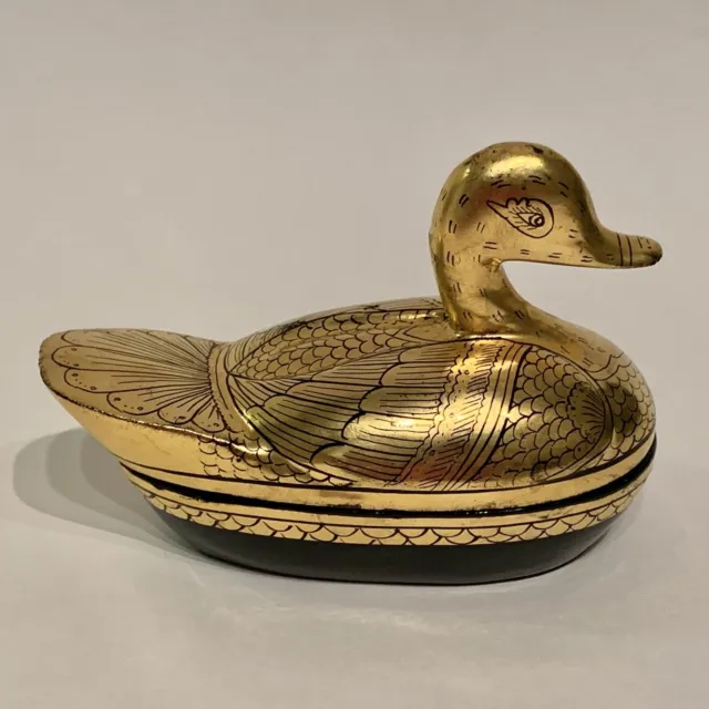Vintage Burmese Black and Gilded Gold Leaf Lacquered Wooden Duck Trinket Box 5”